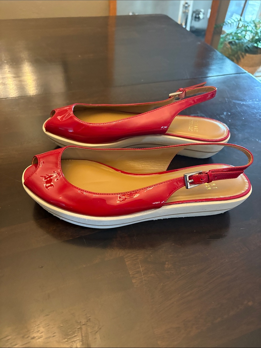 Vintage  New Stuart Weitzman Red Patent Slingback Peep-Toe Wedge Shoes